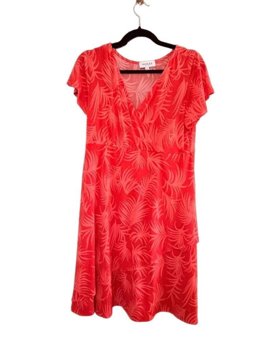 Gilli Red Tropical Palm Leaf Print Faux Wrap Dress